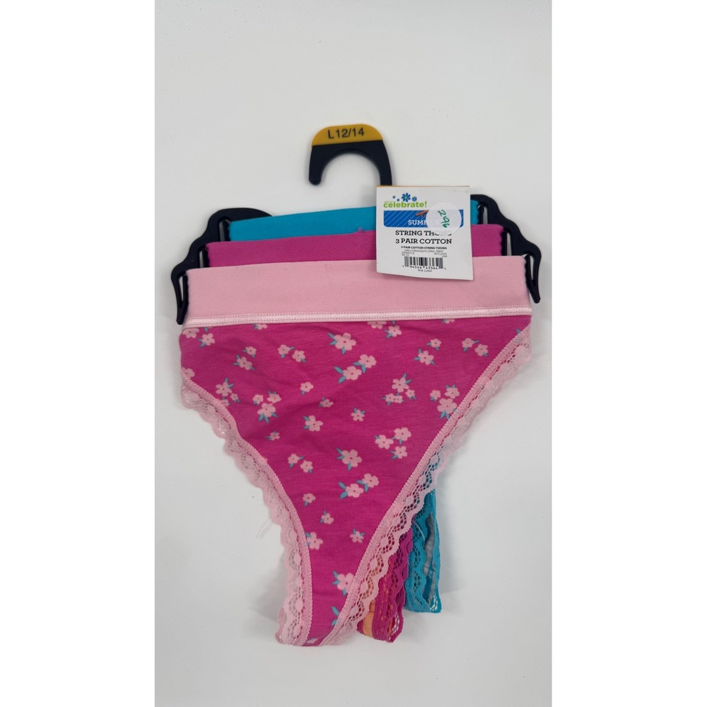Celebrate! String Thong 3 Pack Cotton Lace Trim Floral Pink Blue Orange L 12/14
